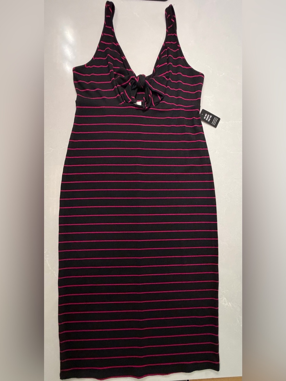 NWT Express Black & Pink Striped Ribbed Knit Tie-Front Midi Dress Size L